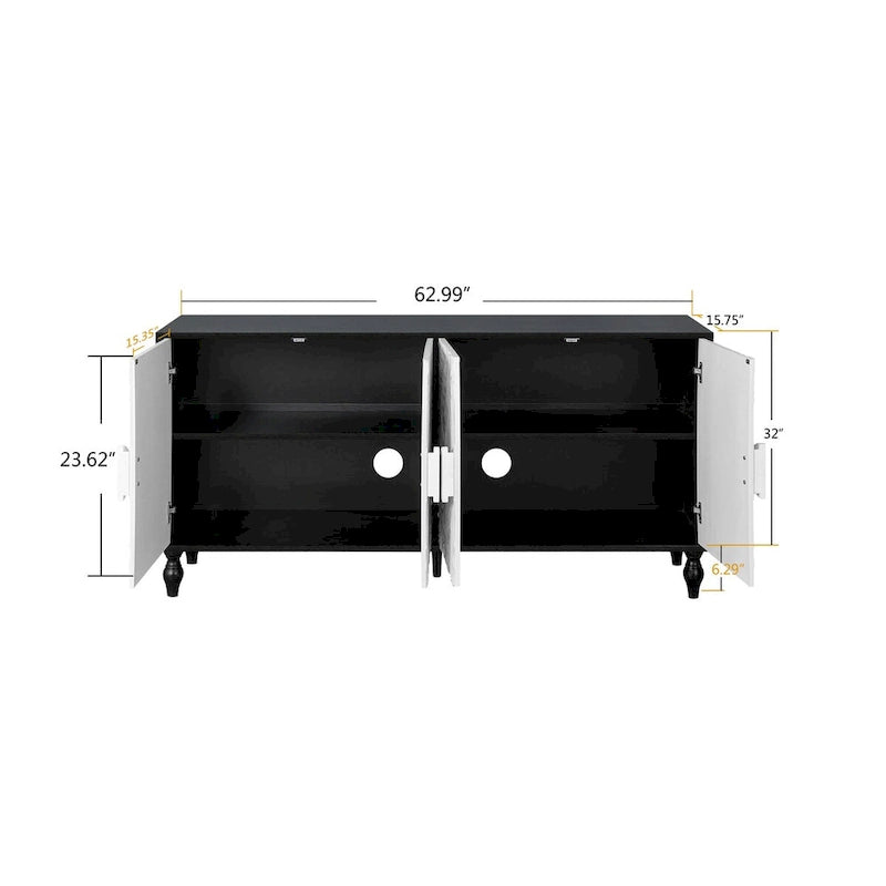 Vintage White Carved Door TV Stand Cabinet Black Frame Adjustable Shelves Multi-Functional Sideboard