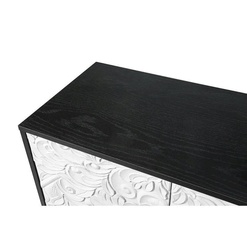 Vintage White Carved Door TV Stand Cabinet Black Frame Adjustable Shelves Multi-Functional Sideboard