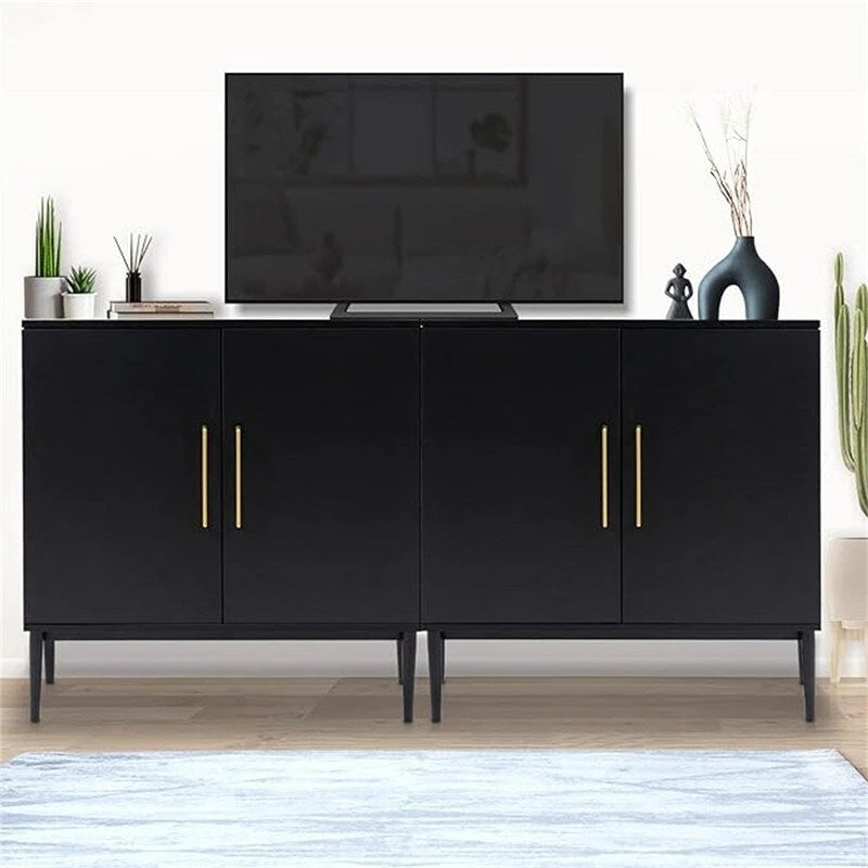 Modern Buffet Cabinet with 2 Shelves - Black Sideboard Storage with Gold Handles, Waterproof MDF Wood for Living Room, Kitchen, Entryway