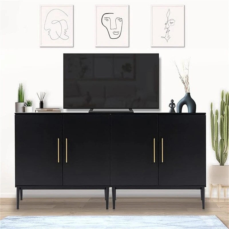 Modern Buffet Cabinet with 2 Shelves - Black Sideboard Storage with Gold Handles, Waterproof MDF Wood for Living Room, Kitchen, Entryway