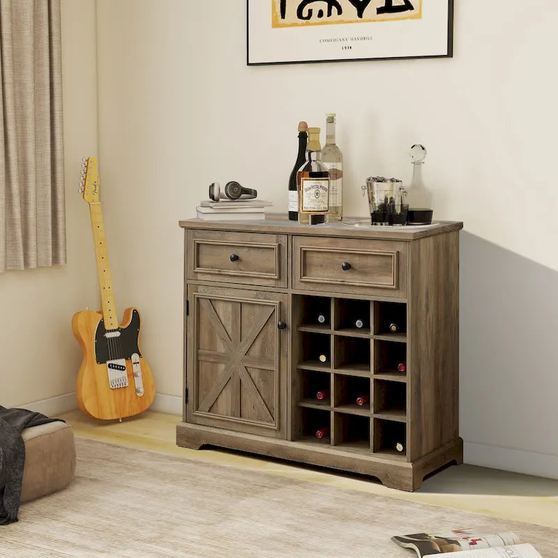 31.5" Barn Door Buffet Cabinet with Wine Rack 2 Drawers Adjustable Shelf Retro Country Style MDF Sideboard for Kitchen Dining Living Room