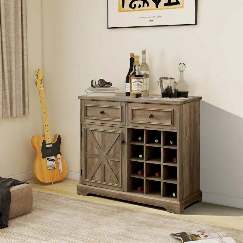 Barn Door Buffet Bar Cabinet With Drawers And Storage Shelves