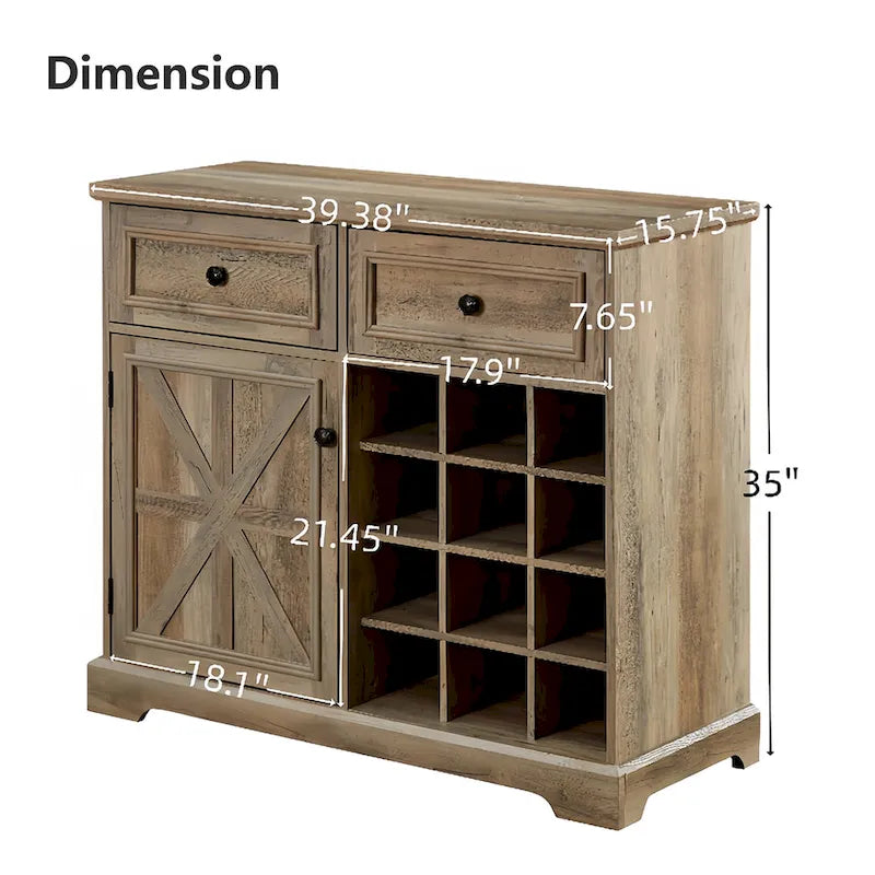 31.5" Barn Door Buffet Cabinet with Wine Rack 2 Drawers Adjustable Shelf Retro Country Style MDF Sideboard for Kitchen Dining Living Room