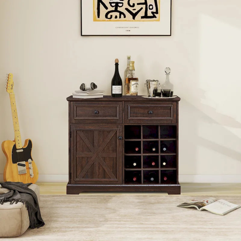 31.5" Barn Door Buffet Cabinet with Wine Rack 2 Drawers Adjustable Shelf Retro Country Style MDF Sideboard for Kitchen Dining Living Room