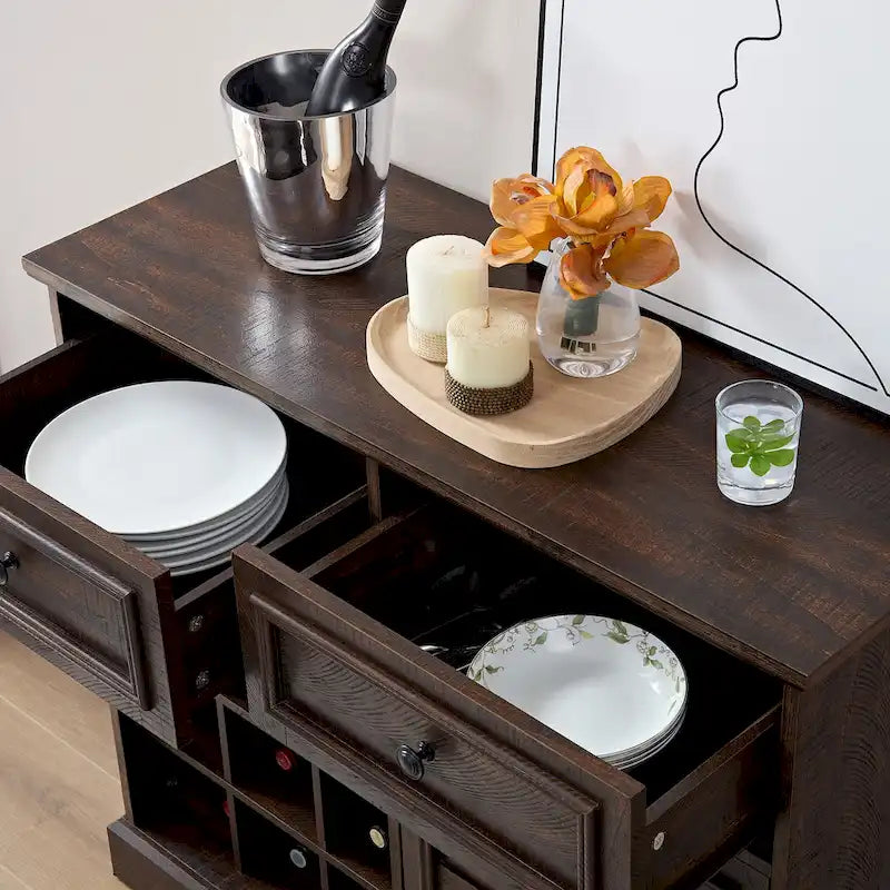 31.5" Barn Door Buffet Cabinet with Wine Rack 2 Drawers Adjustable Shelf Retro Country Style MDF Sideboard for Kitchen Dining Living Room