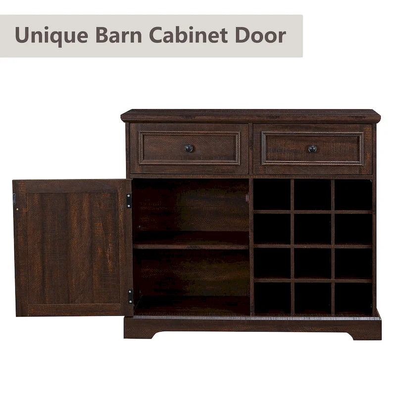 31.5" Barn Door Buffet Cabinet with Wine Rack 2 Drawers Adjustable Shelf Retro Country Style MDF Sideboard for Kitchen Dining Living Room