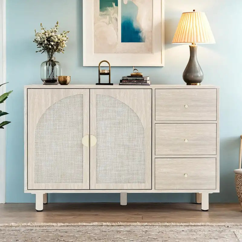 Engineered Rattan Storage Cabinet 2 Doors 3 Drawers Adjustable Shelves Pine Legs Anti-Tip Bedroom
