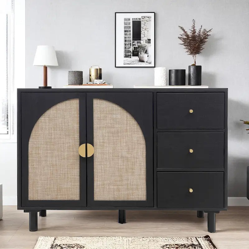 Engineered Rattan Storage Cabinet 2 Doors 3 Drawers Adjustable Shelves Pine Legs Anti-Tip Bedroom