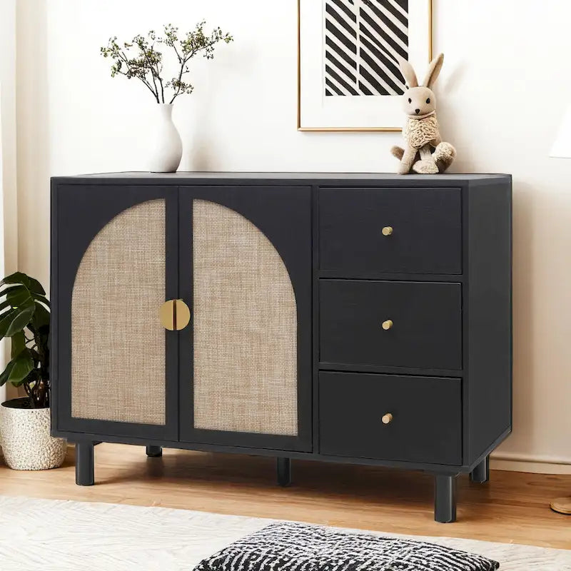 Engineered Rattan Storage Cabinet 2 Doors 3 Drawers Adjustable Shelves Pine Legs Anti-Tip Bedroom