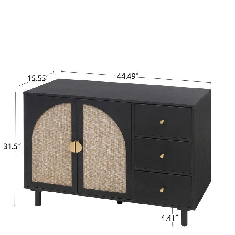 Engineered Rattan Storage Cabinet 2 Doors 3 Drawers Adjustable Shelves Pine Legs Anti-Tip Bedroom