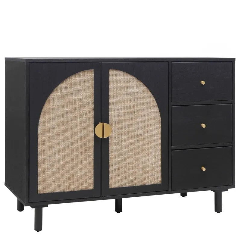 Engineered Rattan Storage Cabinet 2 Doors 3 Drawers Adjustable Shelves Pine Legs Anti-Tip Bedroom