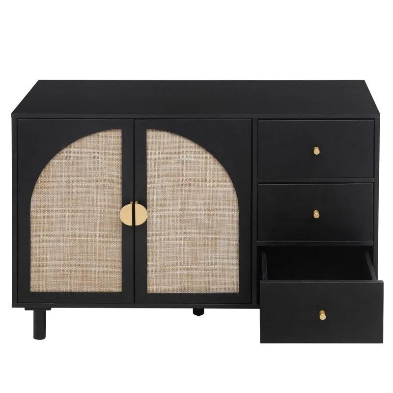 Engineered Rattan Storage Cabinet 2 Doors 3 Drawers Adjustable Shelves Pine Legs Anti-Tip Bedroom