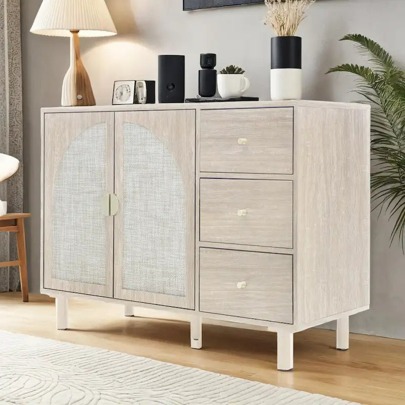 Engineered Rattan Storage Cabinet 2 Doors 3 Drawers Adjustable Shelves Pine Legs Anti-Tip Bedroom