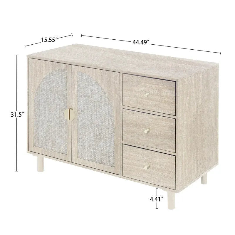 Engineered Rattan Storage Cabinet 2 Doors 3 Drawers Adjustable Shelves Pine Legs Anti-Tip Bedroom