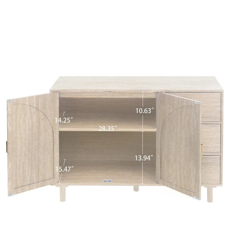 Engineered Rattan Storage Cabinet 2 Doors 3 Drawers Adjustable Shelves Pine Legs Anti-Tip Bedroom