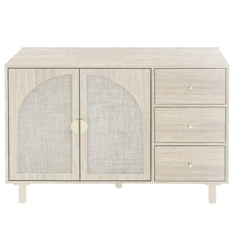 Engineered Rattan Storage Cabinet 2 Doors 3 Drawers Adjustable Shelves Pine Legs Anti-Tip Bedroom