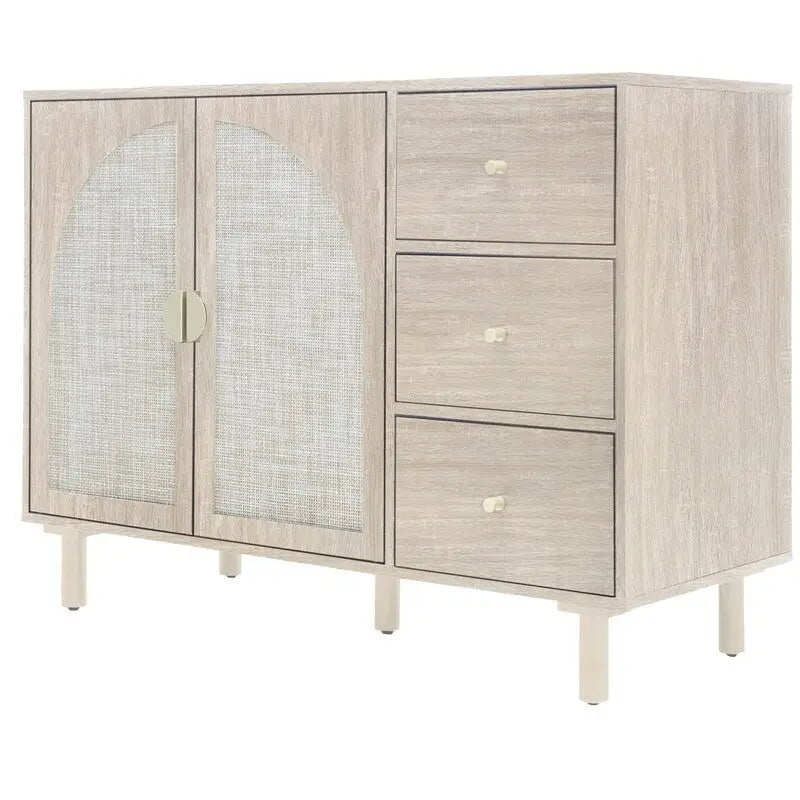Engineered Rattan Storage Cabinet 2 Doors 3 Drawers Adjustable Shelves Pine Legs Anti-Tip Bedroom
