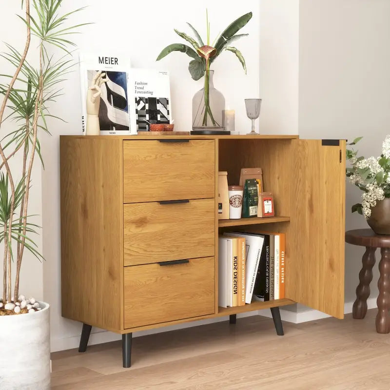 Storage Cabinet with 3 Drawers & Door - 31.5"W x 29.1"H Sideboard with Adjustable Shelf, Solid Wood Legs, 130lbs Capacity