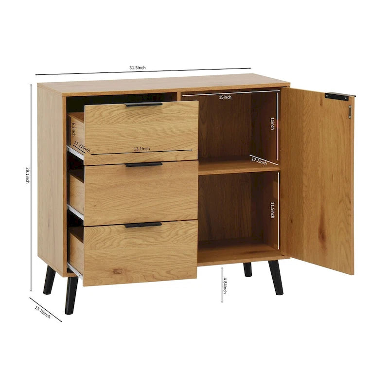 Storage Cabinet with 3 Drawers & Door - 31.5"W x 29.1"H Sideboard with Adjustable Shelf, Solid Wood Legs, 130lbs Capacity
