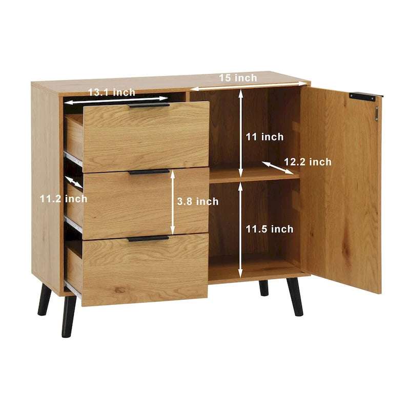 Storage Cabinet with 3 Drawers & Door - 31.5"W x 29.1"H Sideboard with Adjustable Shelf, Solid Wood Legs, 130lbs Capacity