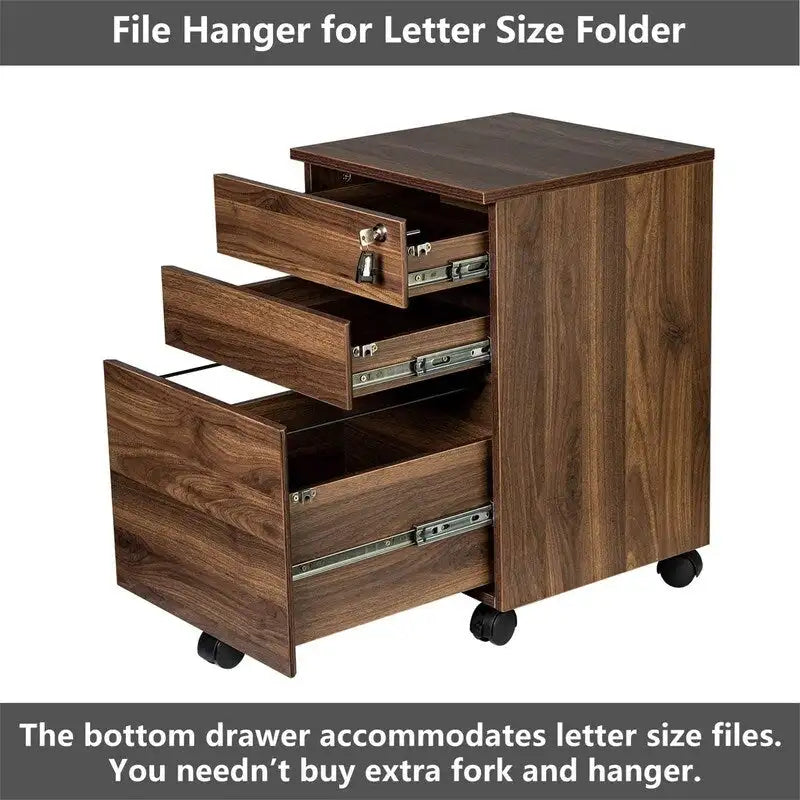 Wood Mobile File Cabinet 3 Drawers Lockable Casters 24.4"H Letter Size Anti-Tip 10-Min Assembly