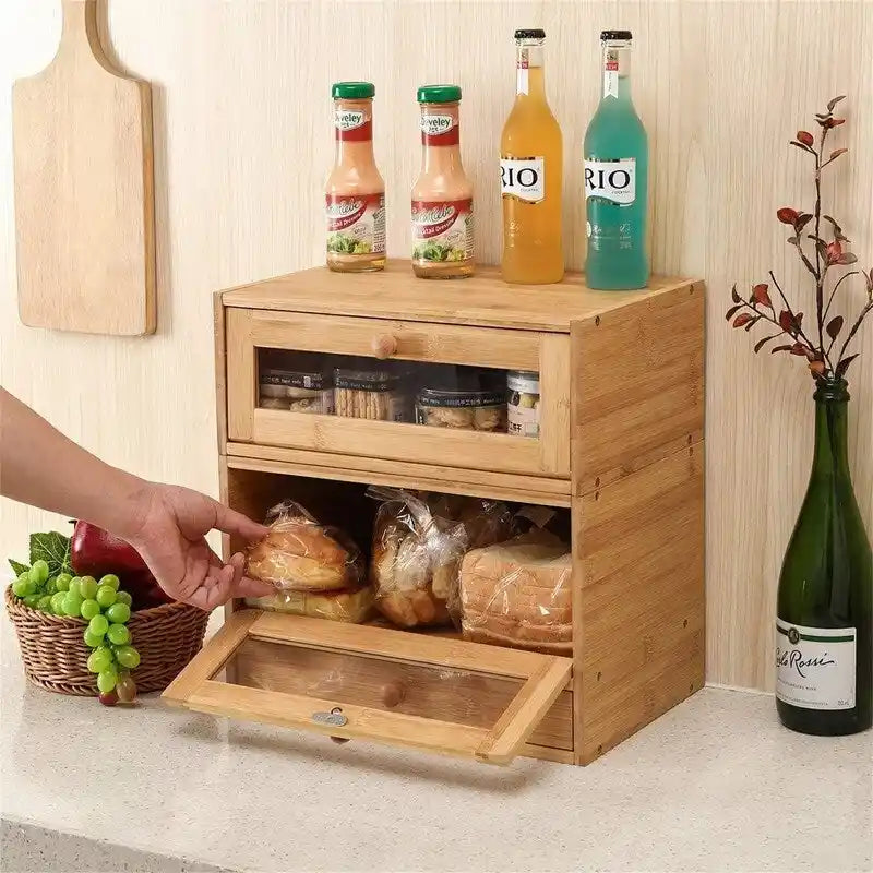 2-Tier Bamboo Bread Box - 14.8" Stackable Storage with Sliding Doors, Utensil Tray - Space-Saving Kitchen Countertop Organizer
