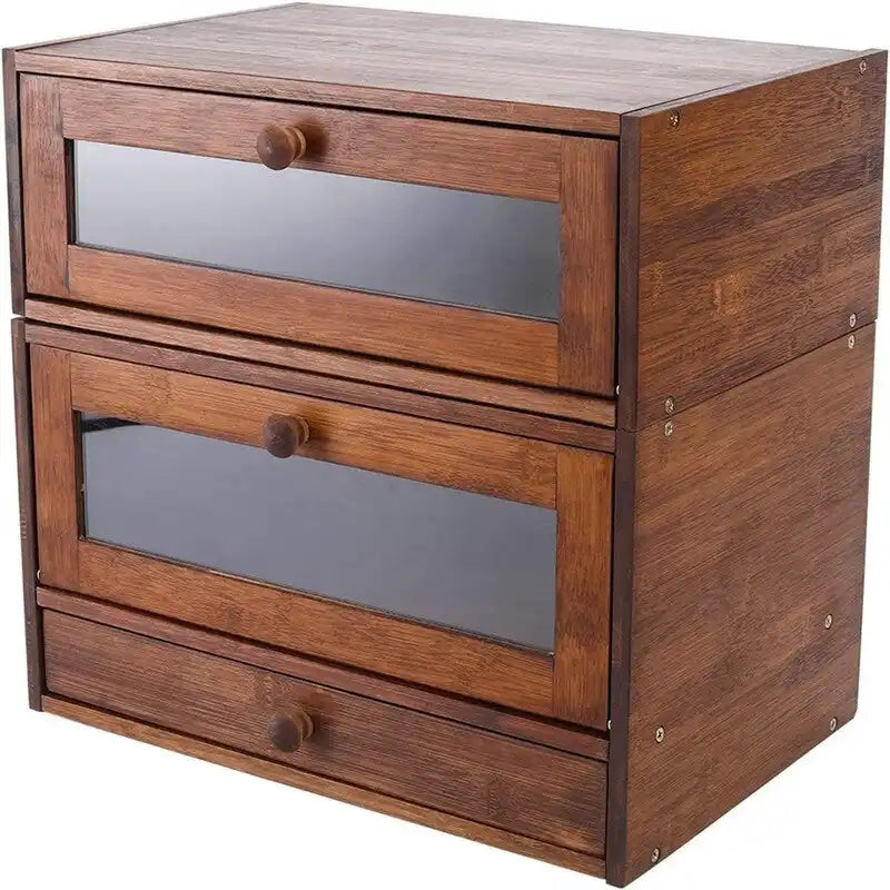 2-Tier Bamboo Bread Box - 14.8" Stackable Storage with Sliding Doors, Utensil Tray - Space-Saving Kitchen Countertop Organizer