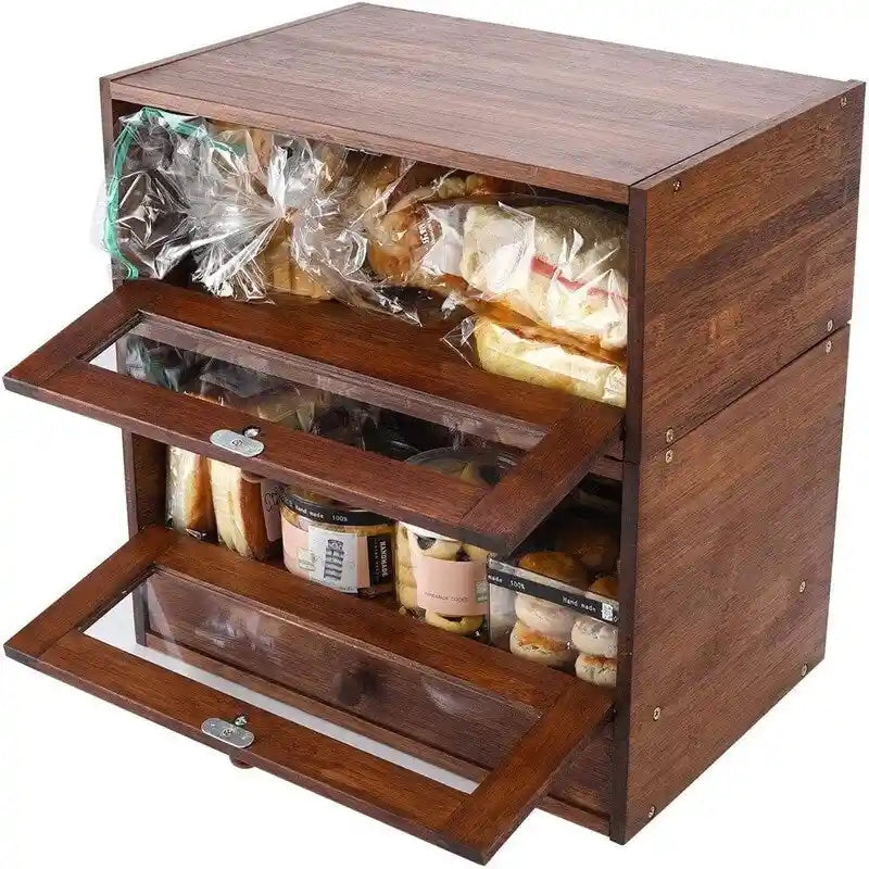 2-Tier Bamboo Bread Box - 14.8" Stackable Storage with Sliding Doors, Utensil Tray - Space-Saving Kitchen Countertop Organizer
