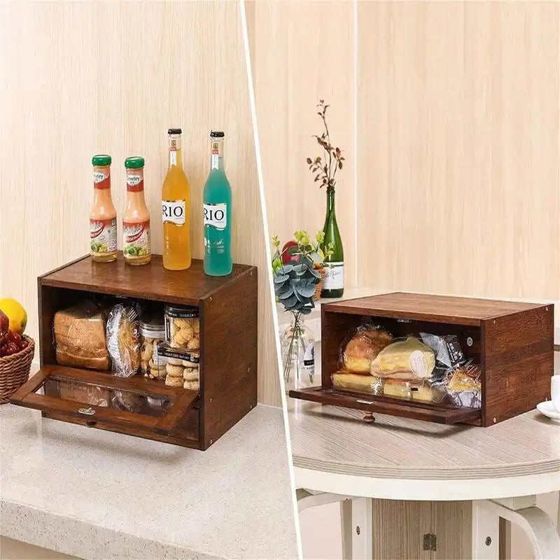 2-Tier Bamboo Bread Box - 14.8" Stackable Storage with Sliding Doors, Utensil Tray - Space-Saving Kitchen Countertop Organizer
