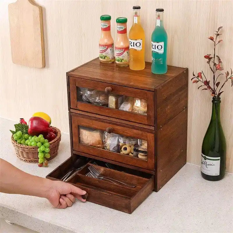 2-Tier Bamboo Bread Box - 14.8" Stackable Storage with Sliding Doors, Utensil Tray - Space-Saving Kitchen Countertop Organizer