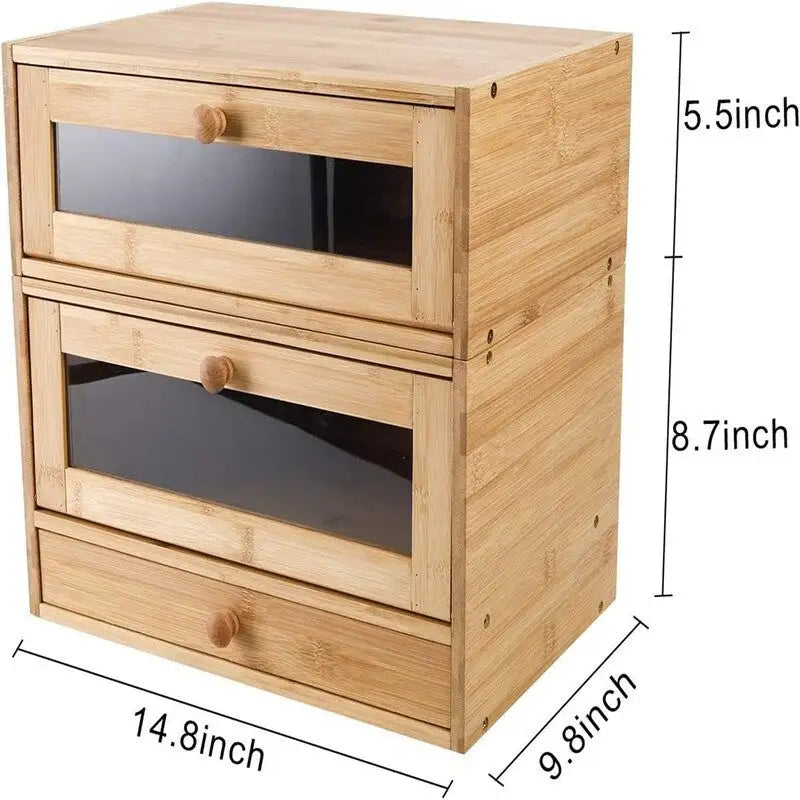 2-Tier Bamboo Bread Box - 14.8" Stackable Storage with Sliding Doors, Utensil Tray - Space-Saving Kitchen Countertop Organizer