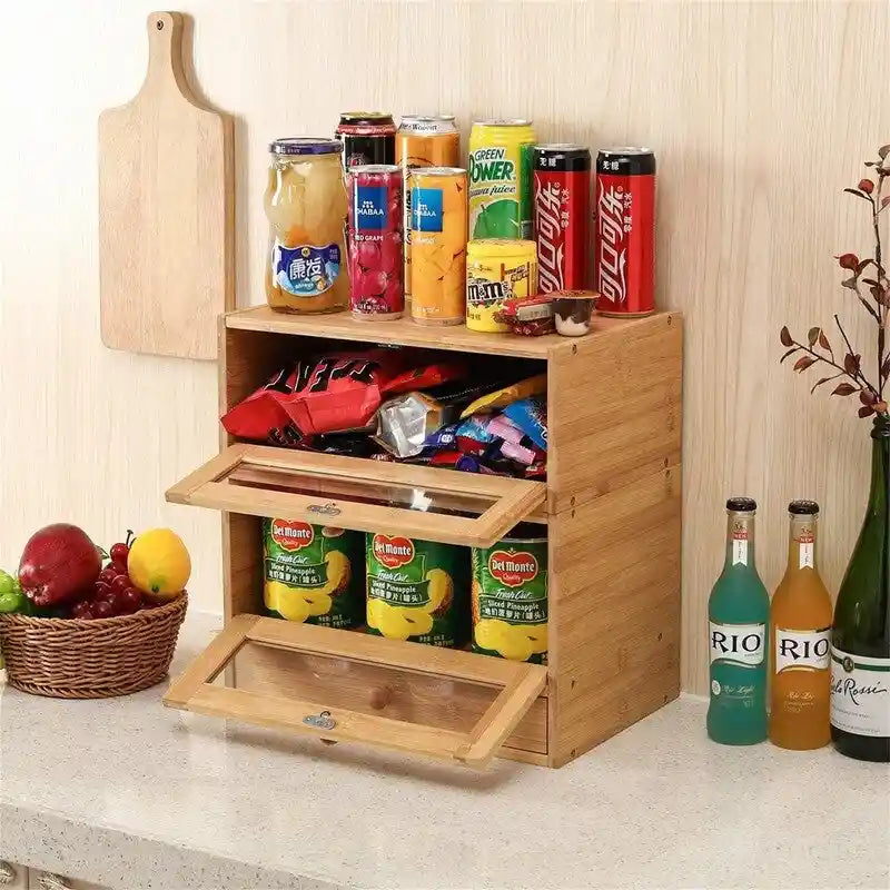 2-Tier Bamboo Bread Box - 14.8" Stackable Storage with Sliding Doors, Utensil Tray - Space-Saving Kitchen Countertop Organizer