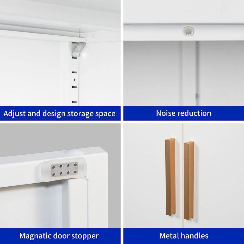 Lockable Metal Storage Cabinet 2 Doors 2 Adjustable Shelves Cold-Rolled Steel 180lb Capacity Anti-Tip