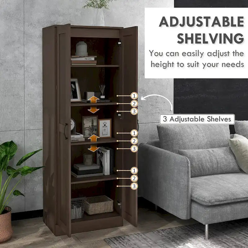 Tall Storage Cabinet 69"H - Soft Close Doors, 3 Adjustable Shelves, Anti-Tip, 110 LBS Capacity, Modern Pantry