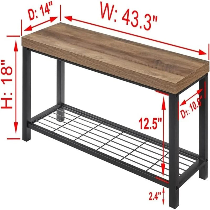 43" Industrial Entryway Bench - 350 lbs Capacity - Rustic Wood Grain MDF - Metal Frame - Farmhouse Shoe Bench - 10 Min Assembly