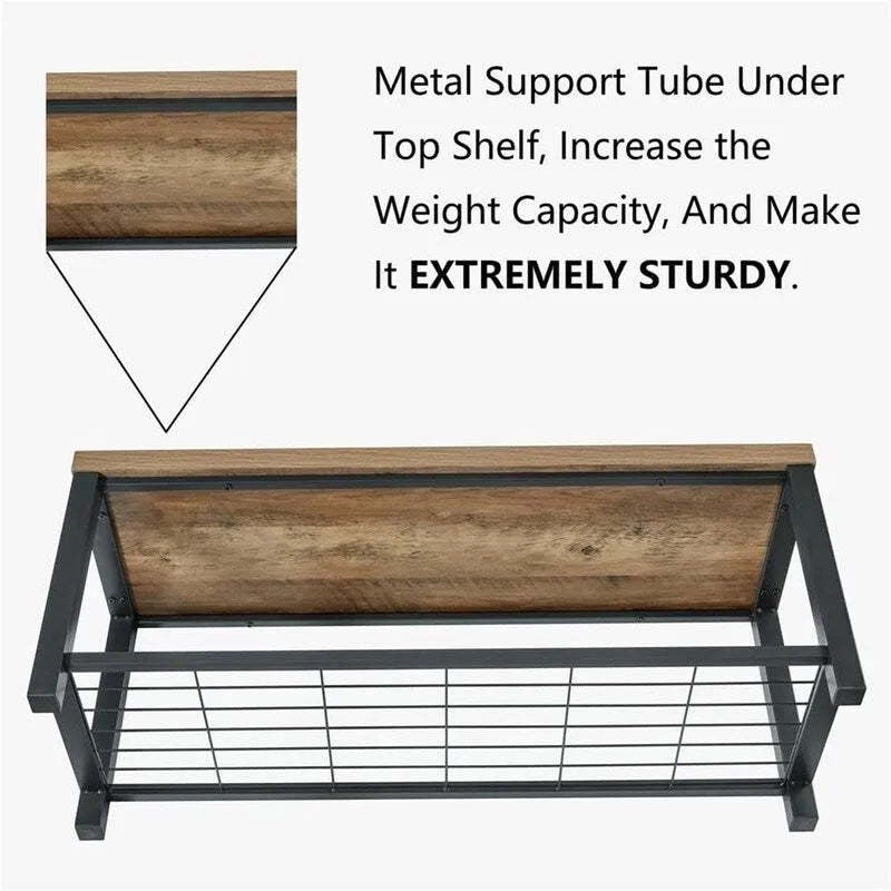 43" Industrial Entryway Bench - 350 lbs Capacity - Rustic Wood Grain MDF - Metal Frame - Farmhouse Shoe Bench - 10 Min Assembly