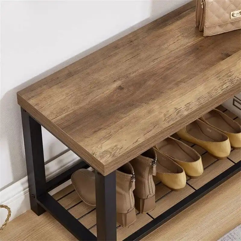 43" Industrial Entryway Bench - 350 lbs Capacity - Rustic Wood Grain MDF - Metal Frame - Farmhouse Shoe Bench - 10 Min Assembly