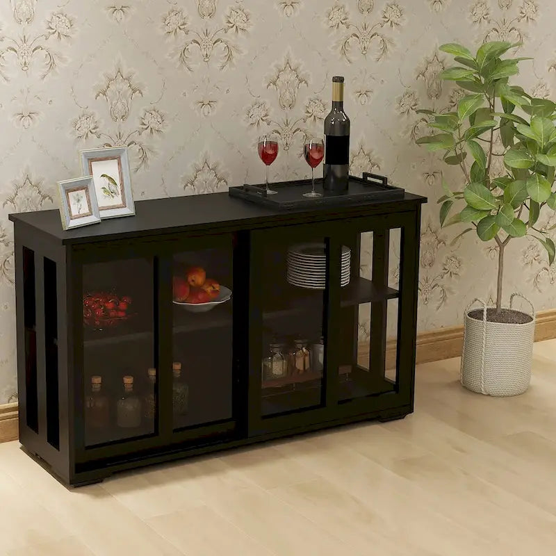 Black Kitchen Storage Cabinet with Glass Sliding Doors - 2 Adjustable Shelves - E1 MDF Sideboard Buffet - UV Painted Cupboard