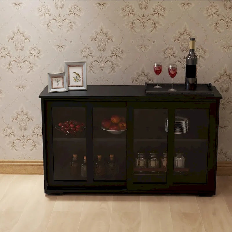 Black Kitchen Storage Cabinet with Glass Sliding Doors - 2 Adjustable Shelves - E1 MDF Sideboard Buffet - UV Painted Cupboard