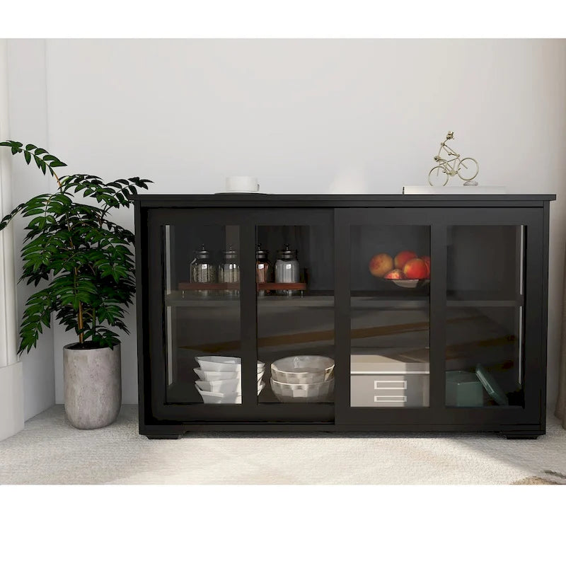Black Kitchen Storage Cabinet with Glass Sliding Doors - 2 Adjustable Shelves - E1 MDF Sideboard Buffet - UV Painted Cupboard