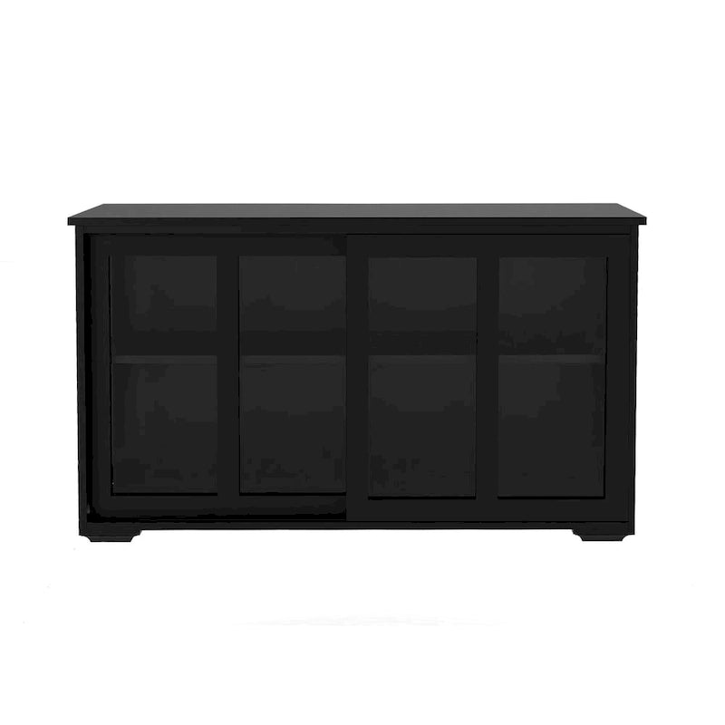Black Kitchen Storage Cabinet with Glass Sliding Doors - 2 Adjustable Shelves - E1 MDF Sideboard Buffet - UV Painted Cupboard