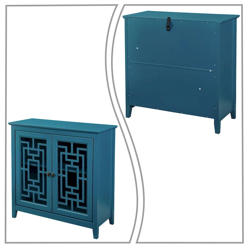 Vintage Teal Blue Wooden Sideboard Glass Doors Traditional MDF Storage Display Cabinet Buffet