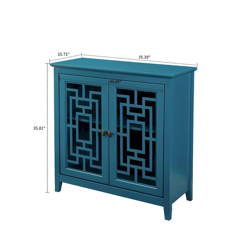Vintage Teal Blue Wooden Sideboard Glass Doors Traditional MDF Storage Display Cabinet Buffet