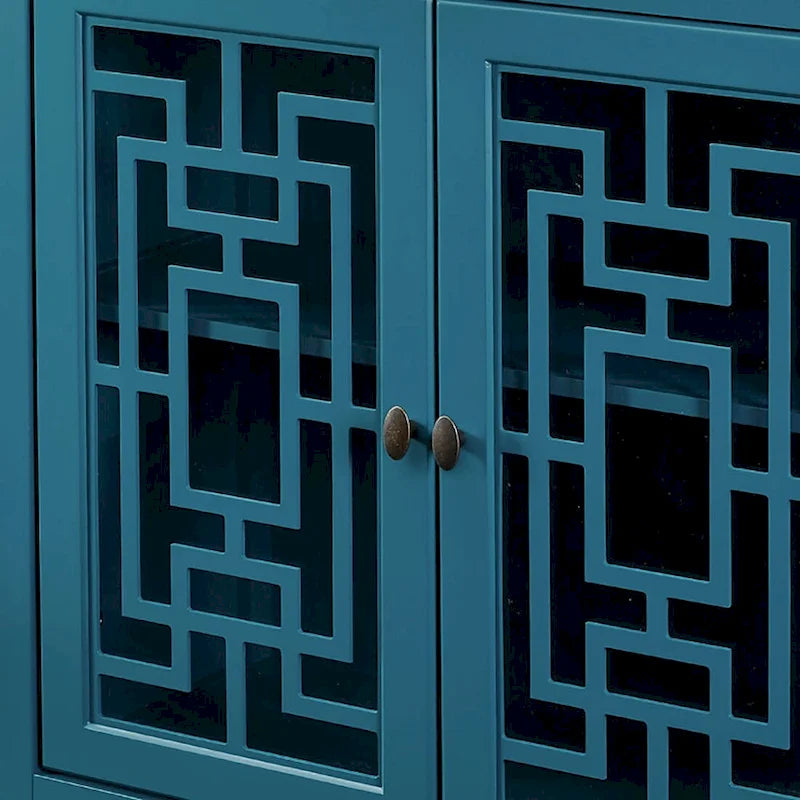 Vintage Teal Blue Wooden Sideboard Glass Doors Traditional MDF Storage Display Cabinet Buffet