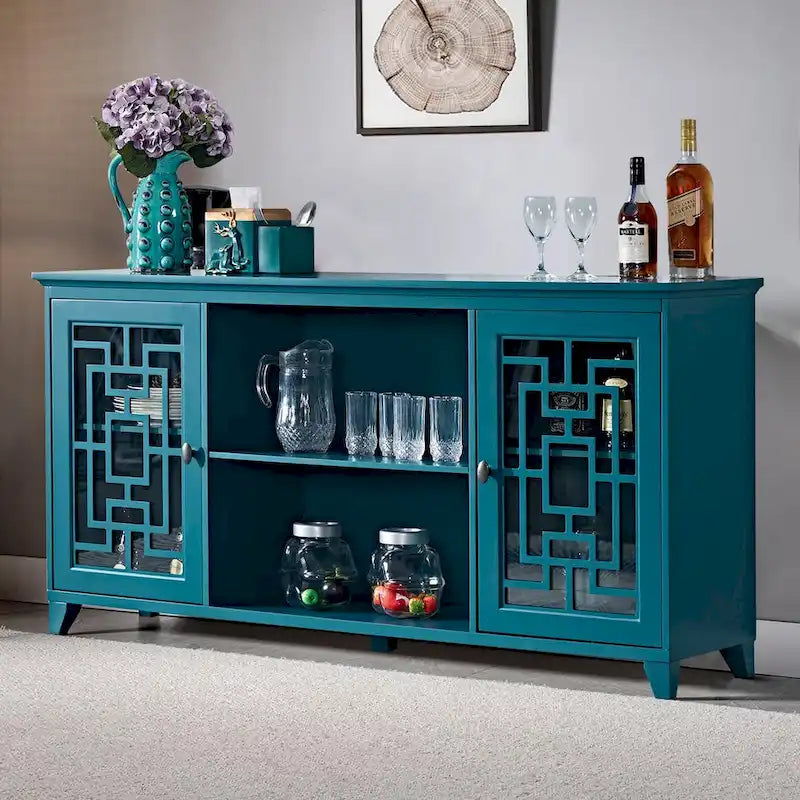 Vintage Teal Blue Wooden Sideboard Glass Doors Traditional MDF Storage Display Cabinet Buffet