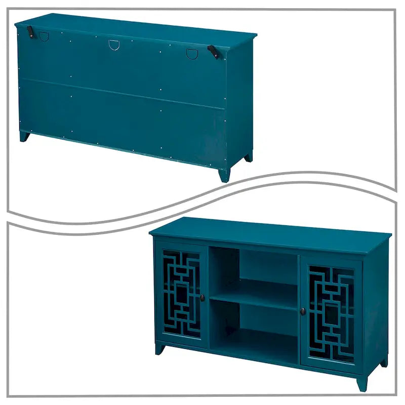 Vintage Teal Blue Wooden Sideboard Glass Doors Traditional MDF Storage Display Cabinet Buffet