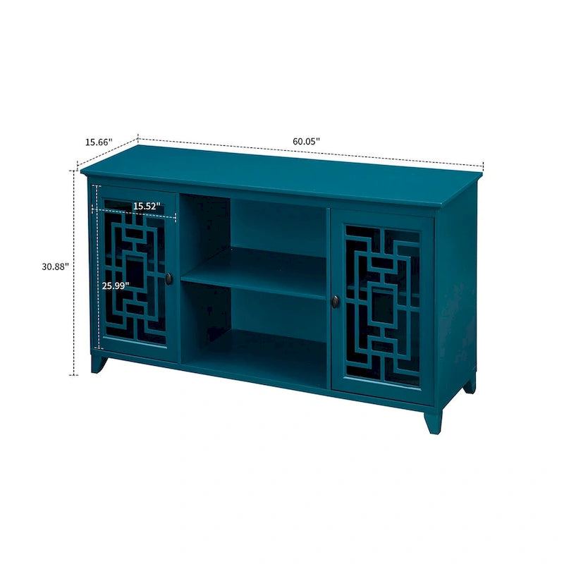 Vintage Teal Blue Wooden Sideboard Glass Doors Traditional MDF Storage Display Cabinet Buffet