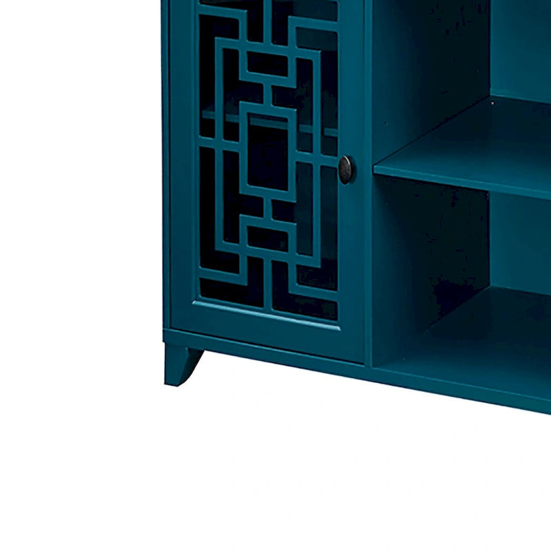 Vintage Teal Blue Wooden Sideboard Glass Doors Traditional MDF Storage Display Cabinet Buffet
