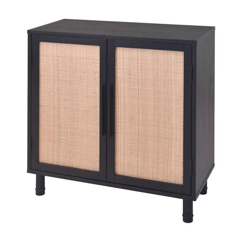 34" Rattan 2 Door Storage Cabinet with Adjustable Shelf - Black Brown Wood Grain - Indonesian Woven Panel - Contemporary Sideboard