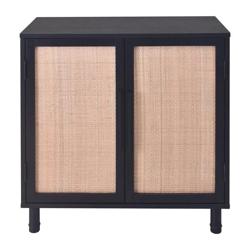 34" Rattan 2 Door Storage Cabinet with Adjustable Shelf - Black Brown Wood Grain - Indonesian Woven Panel - Contemporary Sideboard